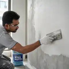 Professional worker applying the first coat of Silky Wall Putty with a steel finishing trowel.