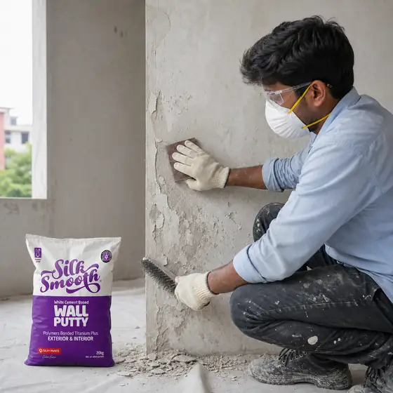 Professional worker cleaning loose material from a wall before applying Silky Wall Putty.