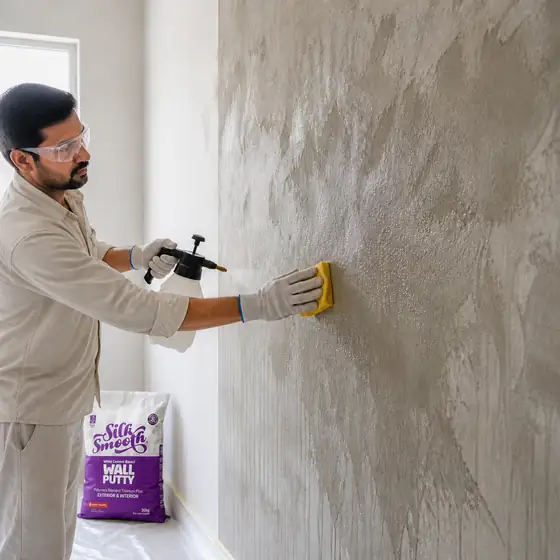 Professional worker dampening a prepared wall before applying Silky Wall Putty.