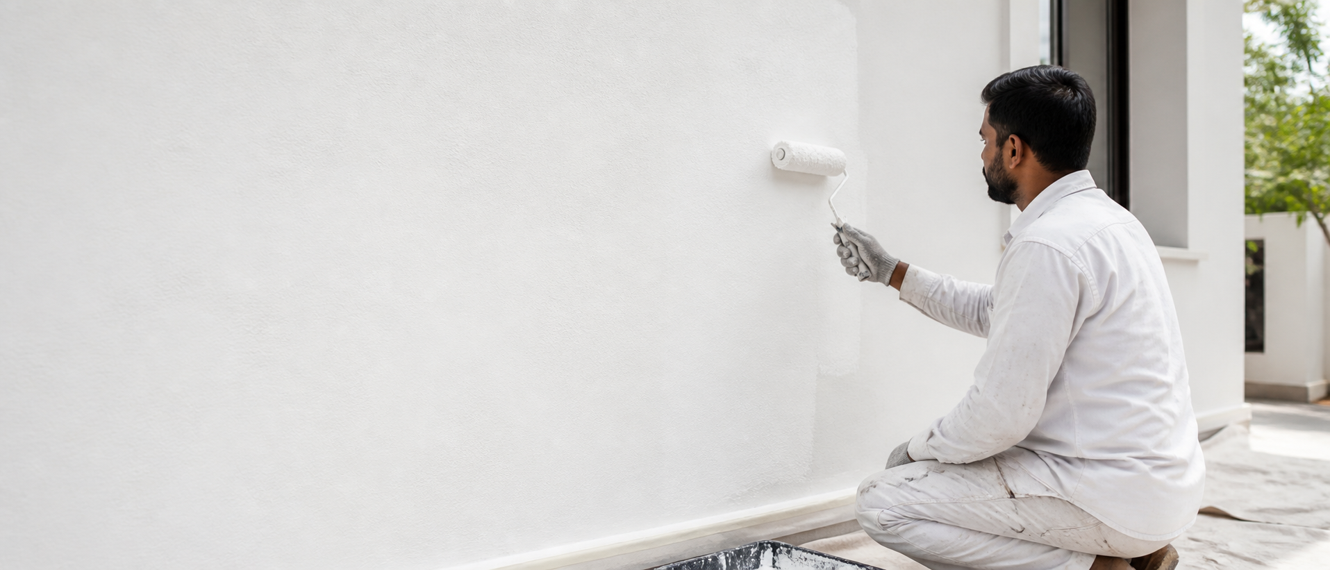 Painter applying white cement paint to a clean wall