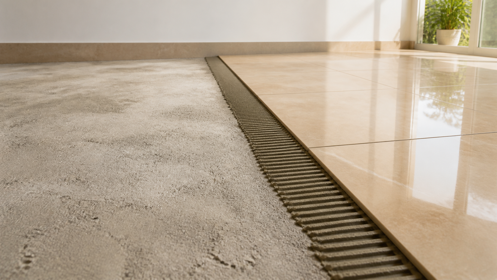 Tile fixing substrate adhesive ridges and finished tile surface